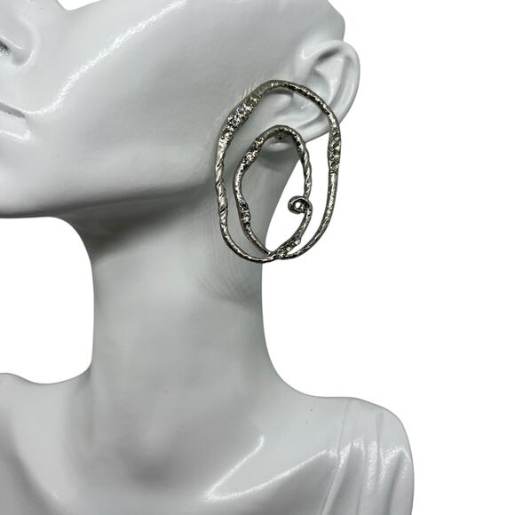 Vintage Silver Spiral Statement Earring - Abstract Hammered Metal with Crystals - Picture 5 of 8